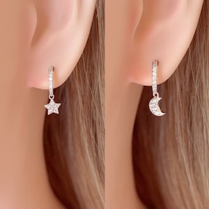 Star and Moon Hoop Earrings,Celestial Drop Huggies,Star Huggie Hoop Earrings,Starburst Diamond Hoop Earrings,Moon Hoops,Gift For Her