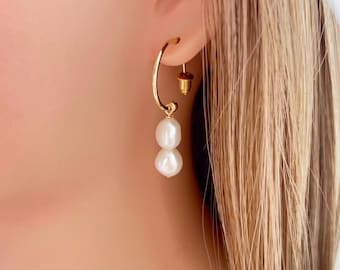 Aros de perla • Aros delicados Huggie • Aros de perla de plata de ley 925 • Aros de novia • Aros de perla de oro • Regalo de dama de honor
