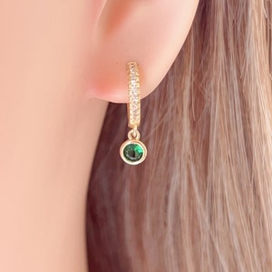 Emerald Gemstone Dangle Paved Hoop Earrings,Charm Hoops,Gold Hoop Earrings,Delicate Gemstone Earring s,Minimalist Hoops,Tiny Charm Hoops