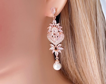 Crystal Bridal Earrings,Pearl Dangle Earrings,CZ Wedding Earrings,Rose gold Bridal Earrings,Bridesmaid Earrings,Wedding Jewelry