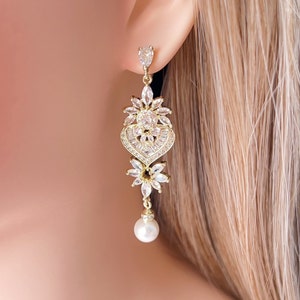 Crystal Bridal Earrings,Pearl Dangle Earrings,CZ Wedding Earrings,Rose gold Bridal Earrings,Bridesmaid Earrings,Wedding Jewelry