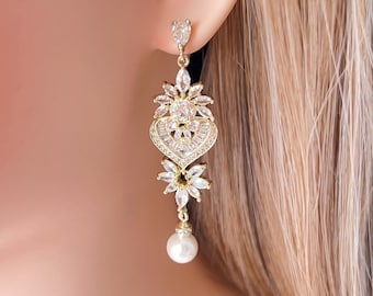 Crystal Bridal Earrings,Pearl Dangle Earrings,CZ Wedding Earrings,Rose gold Bridal Earrings,Bridesmaid Earrings,Wedding Jewelry