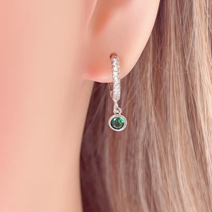 Emerald Gemstone Dangle Paved Hoop Earrings,Charm Hoops,Gold Hoop Earrings,Delicate Gemstone Earring s,Minimalist Hoops,Tiny Charm Hoops