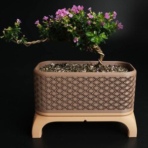 May include: A bonsai tree with pink flowers and green leaves in a decorative brown planter. The planter has a geometric pattern and sits on a light brown base. The tree's trunk is twisted, and the background is black.