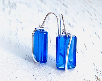 Sterling silver crystal wire wrapped earrings, deep blue crystal earrings, threader earrings