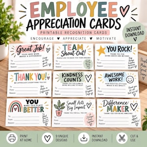 May include: A set of nine rectangular employee appreciation cards featuring colourful hand-lettered text and illustrations. Each card includes blank lines for To, From, and Reason fields, with phrases like Great Job, Team Shout-Out, and You Rock.