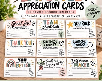 May include: A set of nine rectangular employee appreciation cards featuring colorful hand-lettered text and illustrations. Each card includes blank lines for To, From, and Reason fields, with phrases like Great Job, Team Shout-Out, and You Rock.