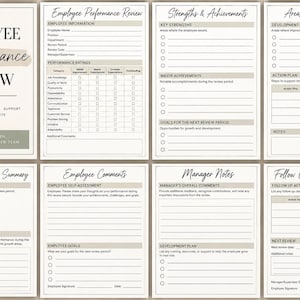 May include: A set of eight printable employee performance review forms with a neutral color palette. The documents feature sections for employee information, performance ratings, strengths, achievements, development opportunities, and manager notes.