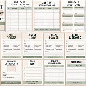 May include: An employee recognition and appreciation kit consisting of multiple printable templates in beige and sage green. The set includes trackers, logs, shout-out cards, kudos forms, spotlight sheets, and idea lists with text headings for office use.