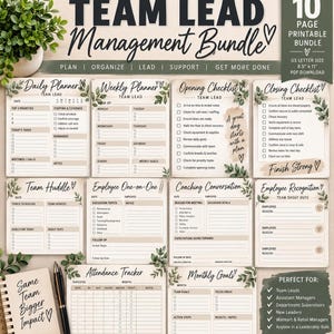 Op de afbeelding: Een 10-pagina's tellend printbaar Team Lead Management-pakket van 21,59 cm bij 27,94 cm. De set bevat planners, checklists en trackingbladen met botanische accenten, met teksten zoals Daily Planner, Weekly Planner en Team Huddle.