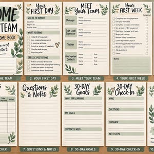 Può includere: Un libro di benvenuto per nuovi assunti di dieci pagine con sfondo color crema, dettagli di foglie botaniche verdi e testo nero. Le pagine includono sezioni per informazioni sul team, liste di controllo, monitoraggio della formazione e obiettivi.