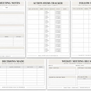 May include: A set of five white printable planner pages with black text and beige headers. The sheets include Manager Meeting Notes, Action Items Tracker, Follow-Up Tracker, Decisions Made, and Weekly Meeting Recap with various tables and lines.