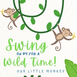 Op de afbeelding: Een groene en blauwe uitnodiging voor een eerste verjaardagsfeest met een jungle thema. De uitnodiging toont een aap die aan lianen zwaait en de tekst "Swing on by for a wild time! Our little monkey Aiden is turning one!"  21 december om 15:00 uur, 123 Jungle Lane, Davie, Florida 33024. RSVP naar mama op (123) 456-7890 vóór 14 december.