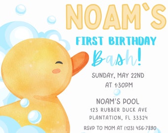 May include: A yellow rubber ducky with a blue background and white bubbles. The text reads "Splish Splash Join Us For Noam's First Birthday Bash! Sunday, May 22nd at 1:30pm Noam's Pool 123 Rubber Duck Ave Plantation, FL 33324 RSVP to Mom at (123) 456-7890"