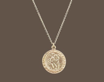 14k Gold Filled Saint Christopher Medallion Necklace, Gold Coin Necklace, Layering, Travelers Necklace, Religious Jewelry, Protection