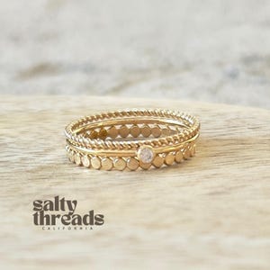 14K Gold Filled Solitaire Ring Stack, Gold Stacking Ring, Flat Beaded Ring, Twisted Ring, Simple Solid Gold Filled, AUTHENTIC Gold Filled!!