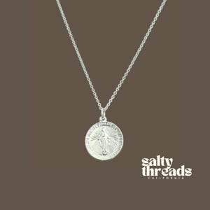 Sterling Silver Mother Virgin Mary Necklace, 15mm, Religious Jewelry, First Communion Gift, Coin Medallion Necklace, Miraculous Medal