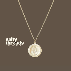 14k Gold Filled Mother Virgin Mary Necklace, TWO SIZES, Religious Jewelry, First Communion Gift, Coin Medallion Necklace, Miraculous Medal