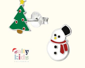 Christmas Tree Stud Earrings, Sterling Silver Studs Earrings, Girls Earrings, Hypoallergenic, Holiday Earrings Studs, Kids Earrings, Snowman