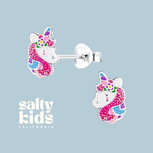 925 Sterling Silver Unicorn Heart Stud Earrings – Pastel Pink/Purple/Blue For Kids