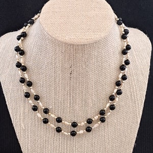 Freshwater Pearl Necklace Rice Pearl and Onyx Long Length 32" Continuous Necklace Beaded Black and White Necklace Simple VTG Natural Pearl