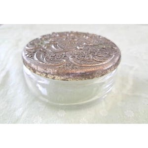 Vintage Glass Powder Jar with Silver Lid Vanity Powder Jar Luxury Vanity Accessory Vanity Collectible Brides Gift Romantic Gift for Her 4&quot;
