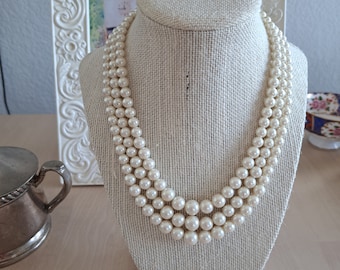 Vintage Faux Pearl Choker, Triple Strand Graduated Necklace