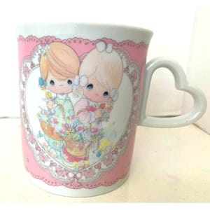 Precious Moments &quot;To My Forever Friend&quot; Mug By Enesco 1991 Two Girls with Flower Baskets Lacy Pink and White Heart Handle V Day
