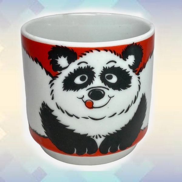 Panda Bear Mug Retro Vintage Japan Porcelain Ceramic Coffee Mug Tea Cup Fun Mid Century 60s 70s Cartoonized Red White Black 8 oz