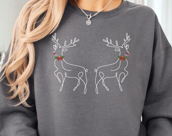 Vintage Reindeer Sweatshirt, Christmas Holiday Sweater, Merry Christmas Reindeer Shirt, Line Art Santas Reindeer, Rudolph Christmas Gift