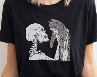 Skeleton and Cat Shirt, Halloween T-shirt, Funny Halloween Crewneck, Women Halloween Shirt, Halloween Gift For Cat Lovers, Skeleton Shirt