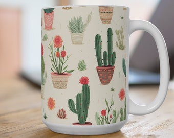 Cactus Ceramic Mug 15 oz, Desert-Inspired Gift for Cactus Lovers, Cactus Mug for Camping or Cozy Mornings, Plant Lover Gift for Her or Him