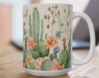 Cactus Ceramic Mug 15 oz, Desert-Inspired Gift for Cactus Lovers, Cactus Mug for Camping or Cozy Mornings, Plant Lover Gift for Her or Him