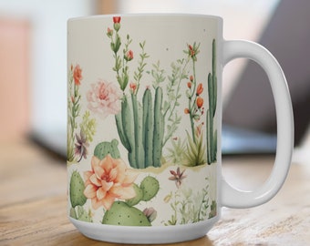 Cactus Ceramic Mug 15 oz, Desert-Inspired Gift for Cactus Lovers, Cactus Mug for Camping or Cozy Mornings, Plant Lover Gift for Her or Him