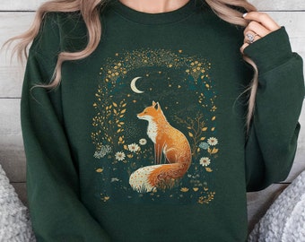 Fox Sweatshirt - Cozy Cottagecore Fall Shirt, Aesthetic Fox Sweater, Goblincore Clothing, Botanical Scandinavian Fox Gift, Fairycore Shirt