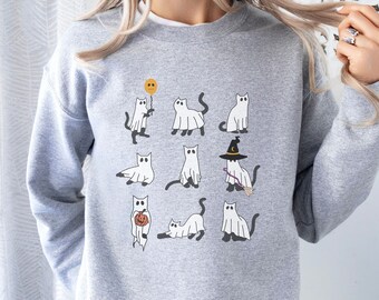Cat Halloween Sweatshirt, Ghost Cat Crewneck, Halloween Sweater, Halloween Cat Shirt, Cat Lover Shirt, Black Cat Sweatshirt, Spooky Season