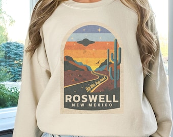 Roswell New Mexico Shirt, Roswell Vintage UFO Shirt, Roswell Road Sign Patch, Roswell Souvenir Shirt, UFO Lover Gift, Retro Alien Sweatshirt