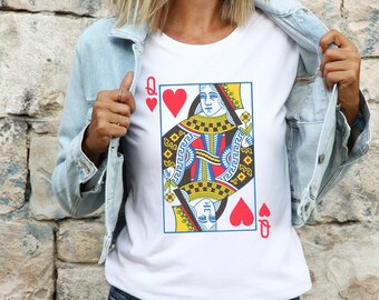 Queen of Hearts Graphic Tee Shirt, T-Shirt Vintage Feminist Tee for Women, Playing Cards Tshirt, Gift for Her