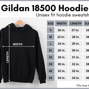 K&ouml;nnte beinhalten: Schwarzer Gildan 18500 Unisex-Hoodie-Gr&ouml;&szlig;entabelle mit Ma&szlig;en in Zoll f&uuml;r Breite, L&auml;nge und &Auml;rmell&auml;nge. Die Gr&ouml;&szlig;en reichen von S bis 5X.