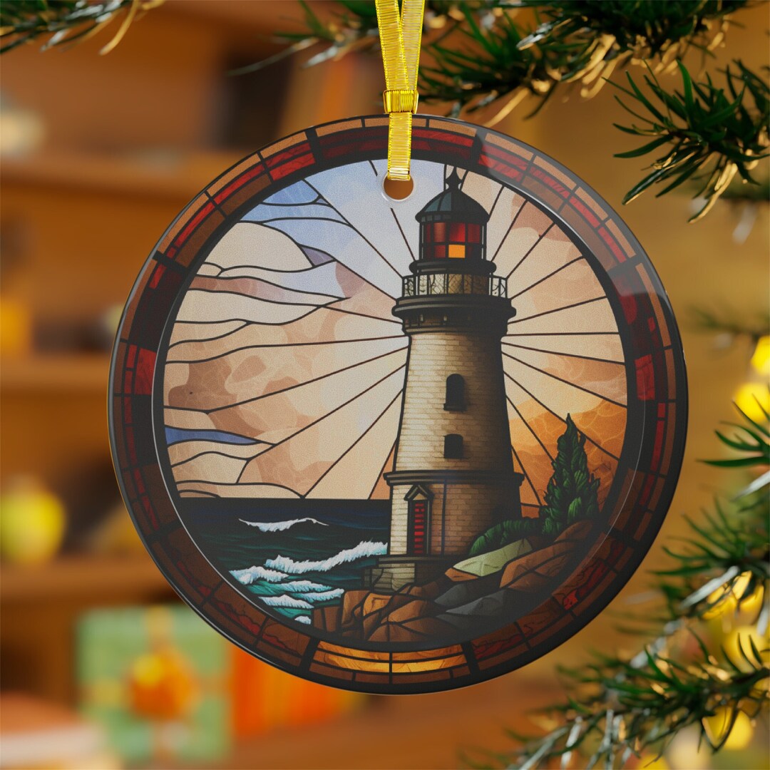 Lighthouse Christmas Ornament, Lighthouse Ornament, Christmas Lighthouse Glass Ornament