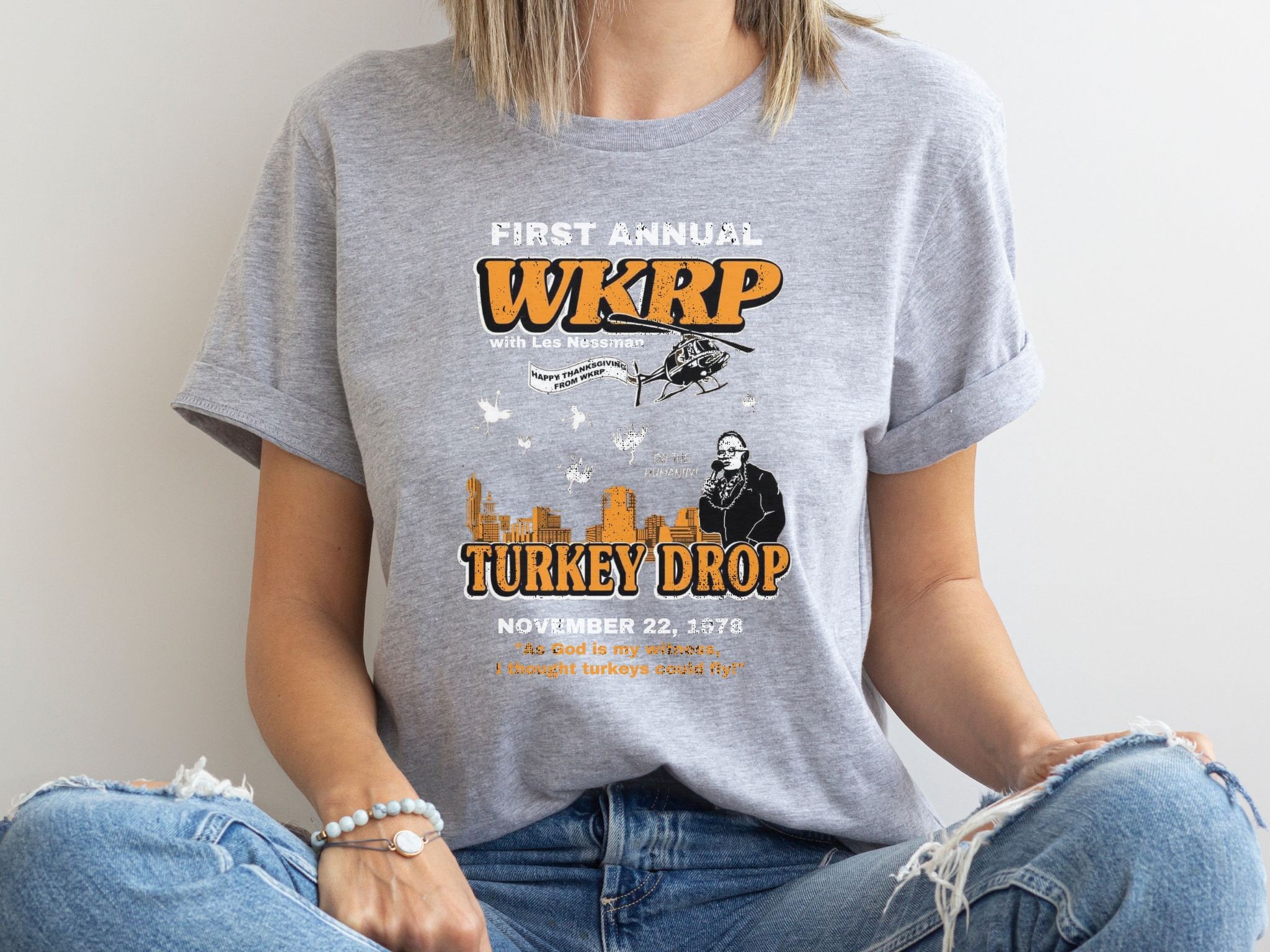 WKRP Turkey Drop Shirt, WKRP Thanksgiving Turkey Drop Crewneck Tee