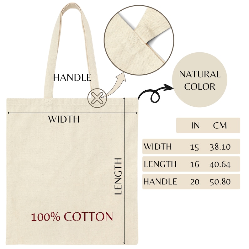 Op de afbeelding: Een natuurlijke katoenen tote bag met een breedte van 38,10 cm, een lengte van 40,64 cm en een handvat van 50,80 cm. De tas is gemaakt van 100% katoen.