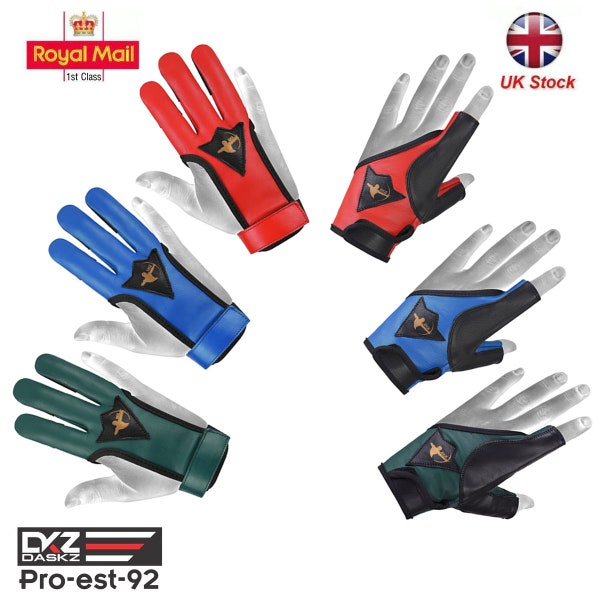 Guante de 3 dedos para arqueros y guantes de arco de tiro con arco 100% cuero, mano derecha e izquierda, verde, azul, rojo