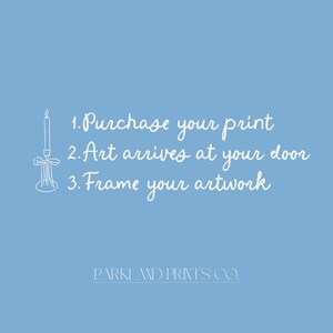 May include: A pale blue background with white text: 1. Purchase your print, 2. Art arrives at your door, 3. Frame your artwork. A white candle illustration is on the left. The text "PARKLAND PRINTS CO." is at the bottom of the image.