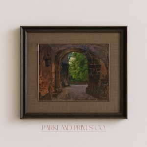 Medieval Architecture Art Print | Vintage Stone Archway Oil Painting | Historic European Courtyard Scene | Classical Landscape Reproduction