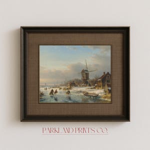 Dutch Winter Scene Print | Windmill Ice Skating Landscape | Holland Village Art | Frozen Canal Painting | Golden Age Style Winter Art