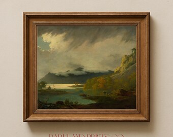 Vintage Landscape Painting Print | Antique Oil Painting, Lake Scene