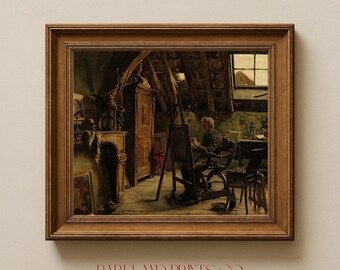 Vintage Painter in Attic Print | Dark Academia Wall Art