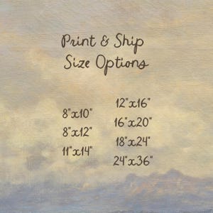 A product information image showing available print sizes overlaid on a soft, painted background texture. Text displays size options: 8"x10", 8"x12", 11"x14", 12"x16", 16"x20", 18"x24", and 24"x36".