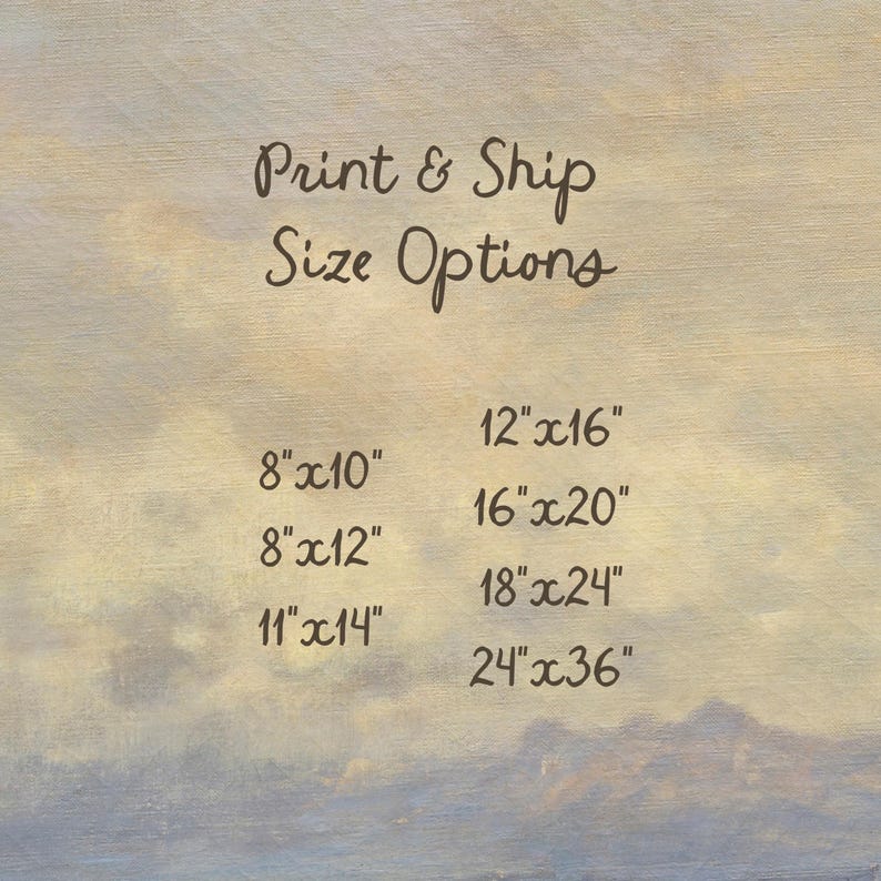 A product information image showing available print sizes overlaid on a soft, painted background texture. Text displays size options: 8"x10", 8"x12", 11"x14", 12"x16", 16"x20", 18"x24", and 24"x36".